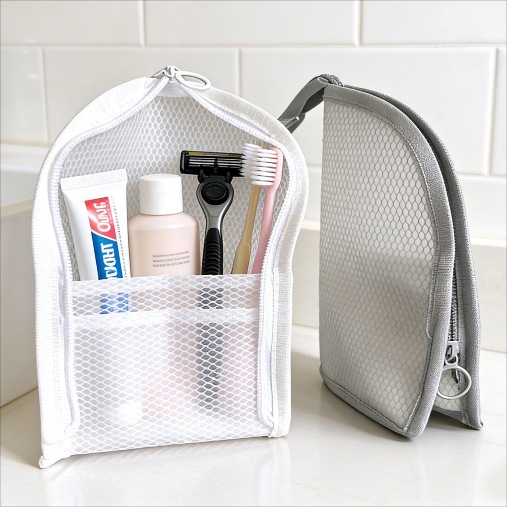 Tech Accessories Travel Bag - Netz-Kulturtasche, atmungsaktiv, schnell trocknend, vertikaler Zahnbürstenhalter,
