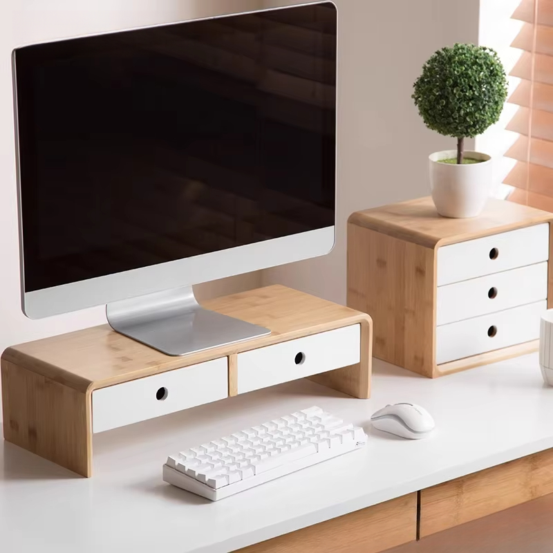 Laptop Stand Bamboo - Bambus-Laptop-Monitor-Riser, umweltfreundlicher Desktop-Organizer mit Schublade für